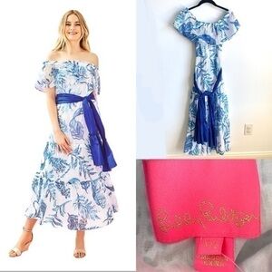 LILLY PULITZER  Sona Off Shoulder Midi Dress Ruffle Eyelet Size XXS NWT
